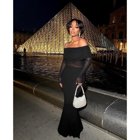 Commense Semi-Sheer Off-Shoulder Mesh Black Maxi  Long Sleeve size XS‎ - Picture 4 of 7